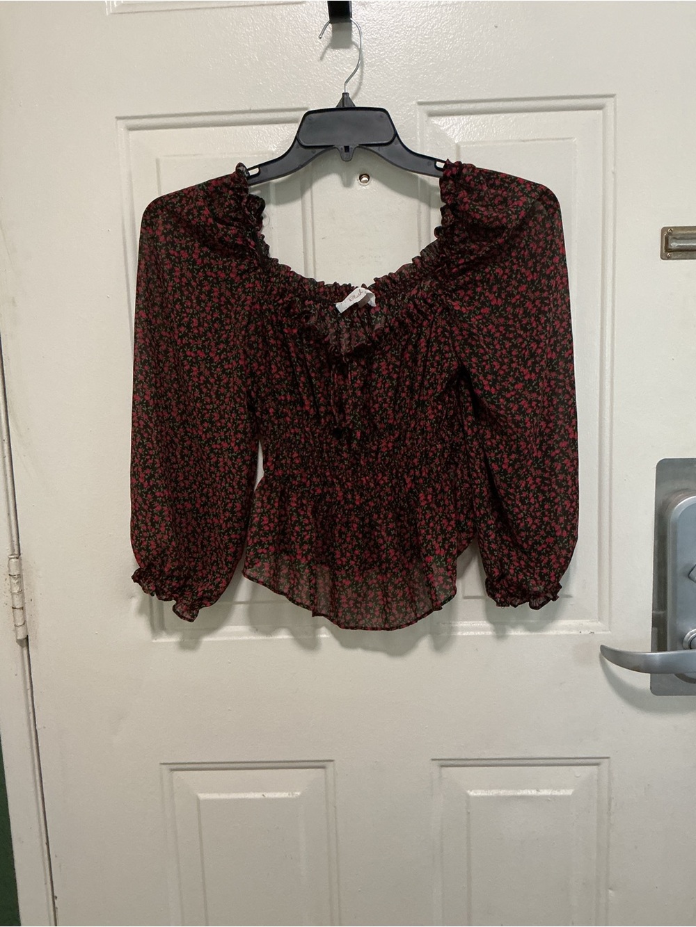 Blush Black Blouse with Red Floral Print